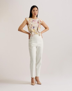 Hauts Ted Baker Frill Trim Floral Cotton Linen Blanche Femme | FWN-26536922